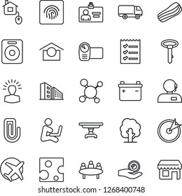 Thin Line Icon Set - identity card vector, meeting, tree, molecule, plane, car delivery, warehouse storage, video camera, speaker, fingerprint id, paper clip, support, checklist, office building