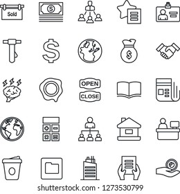 Thin Line Icon Set - identity card vector, hierarchy, dollar sign, book, calculator, tie, coffee, brainstorm, document, manager place, stamp, earth, cash, news, favorites list, folder, handshake