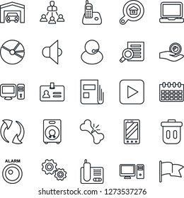 Thin Line Icon Set - identity vector, mobile phone, document search, calendar, broken bone, support, speaker, laptop pc, radio, play button, update, pie graph, news, hierarchy, garage, estate, gear