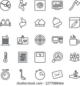 Thin Line Icon Set - identity card vector, abacus, axe, scales, stomach, stopwatch, bell, notes, fingerprint id, monitor statistics, pie graph, target, company, client search, city house, coffee, pc