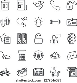 Thin Line Icon Set - identity vector, speaking man, office binder, lawn mower, pills, barbell, bike, traffic light, term, route, share, favorites list, call, data exchange, news, calculator, lock