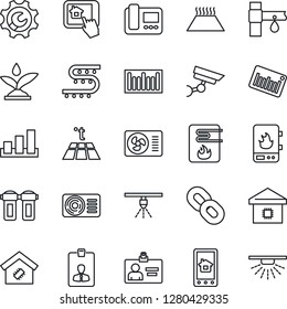 Thin Line Icon Set - identity card vector, drip irrigation, sorting, barcode, chain, root setup, air conditioner, smart home, water heater, intercome, control app, filter, warm floor, surveillance