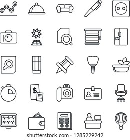 Thin Line Icon Set - identity vector, camera, document search, drawing pin, manager place, monitor pulse, implant, stopwatch, office chair, point graph, contract, pen, cushioned furniture, fridge