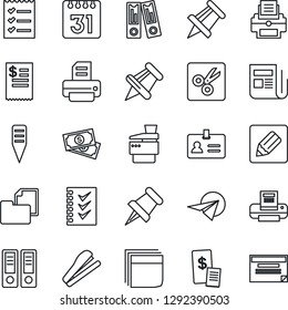 Thin Line Icon Set - identity vector, office binder, drawing pin, printer, plant label, cash, folder document, news, paper, calendar, notes, cut, blank box, checklist, copier, stapler, plane