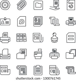 Thin Line Icon Set - identity vector, contract, document, reload, stamp, printer, receipt, folder, news, clipboard, paper clip, search, binder, tray, copier