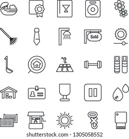 Thin Line Icon Set - identity vector, sun, tie, rake, well, barbell, cargo container, fragile, no hook, speaker, pause button, brightness, sertificate, book, warehouse, sold signboard, estate search