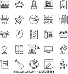Thin Line Icon Set - identity card vector, book, calculator, pennant, team, abacus, brainstorm, meeting, drawing pin, calendar, job, contract, office phone, monitor, notes, building, pie graph, hr