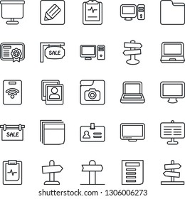Thin Line Icon Set - identity vector, document, pulse clipboard, signpost, monitor, laptop pc, folder, notes, photo gallery, presentation board, blank box, notebook, sale, pass card, certificate