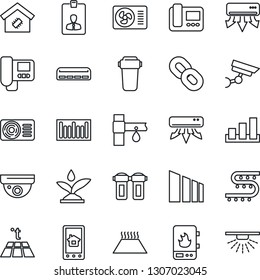 Thin Line Icon Set - identity card vector, drip irrigation, sorting, barcode, chain, air conditioner, smart home, water heater, intercome, control app, filter, warm floor, surveillance, sprinkler