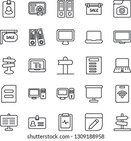 Thin Line Icon Set - identity vector, office binder, notebook pc, document, pulse clipboard, signpost, monitor, notes, photo gallery, presentation board, sale, pass card, certificate, guidepost