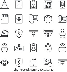 Thin Line Icon Set - identity vector, border cone, lock, card, hose, shield, protect, sd, eye id, stamp, intercome, home control app, combination, pass, surveillance, sprinkler