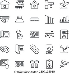 Thin Line Icon Set - identity card vector, drip irrigation, sorting, chain, root setup, air conditioner, smart home, water heater, intercome, control app, filter, warm floor, surveillance