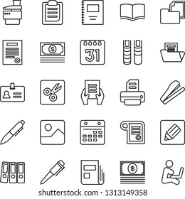 Thin Line Icon Set - identity vector, book, pen, document, printer, cash, folder, gallery, calendar, notes, cut, clipboard, copybook, news, paper binder, copier, contract, stapler, man with notebook
