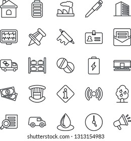 Thin Line Icon Set - identity vector, luggage storage, office building, document search, factory, house, water drop, monitor pulse, pills, cash, railroad, paper pin, battery, clock, mail, pen, car