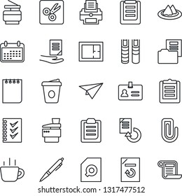 Thin Line Icon Set - identity vector, notepad, coffee, document, reload, clipboard, cut, paper clip, folder, search, checklist, printer, copier, book, pen, plan, serviette, calendar, plane, contract