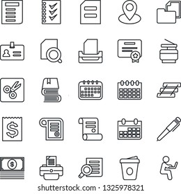 Thin Line Icon Set - identity vector, document search, coffee, calendar, printer, contract, pin, receipt, folder, cut, checklist, paper tray, copier, book, pen, cash, certificate, man with notebook