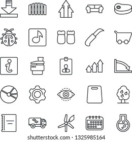 Thin Line Icon Set - identity card vector, lady bug, garden knife, settings, download, eye id, music, copybook, pie graph, copier, fruit tree, fence, cushioned furniture, moving, salt and pepper
