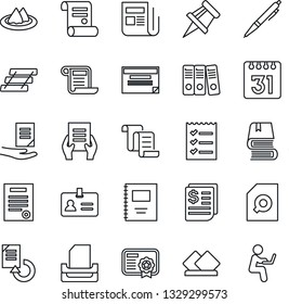 Thin Line Icon Set - identity vector, contract, document, reload, receipt, news, calendar, copybook, drawing pin, search, checklist, paper binder, tray, book, pen, serviette, schedule, certificate