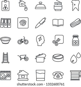 Thin Line Icon Set - identity card vector, book, pen, brainstorm, ladder, wheelbarrow, pills, bottle, bike, caries, medical calendar, cut, fingerprint id, paper binder, copier, house, phone, drink