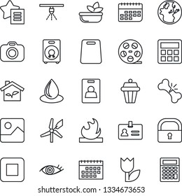 Thin Line Icon Set - identity vector, water drop, eye, broken bone, term, tulip, flammable, reel, camera, speaker, favorites list, stop button, gallery, calculator, lock, calendar, card, salad