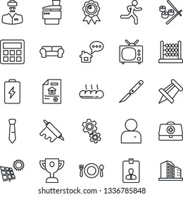 Thin Line Icon Set - identity card vector, medal, drawing pin, doctor case, scalpel, run, user, calculator, abacus, tie, copier, sun panel, estate document, cushioned furniture, tv, cafe, bread