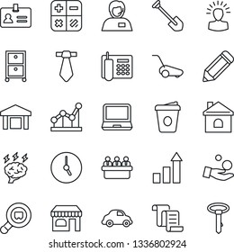 Thin Line Icon Set - identity vector, shop, contract, growth statistic, calculator, coffee, brainstorm, meeting, job, pencil, lawn mower, house, support, car delivery, warehouse, search cargo, clock