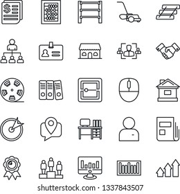 Thin Line Icon Set - identity vector, handshake, hierarchy, pedestal, medal, abacus, mouse, desk, statistic monitor, lawn mower, house, mobile tracking, receipt, barcode, rack, reel, user, scanner
