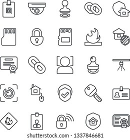 Thin Line Icon Set - identity vector, stamp, card, shield, flammable, chain, sd, lock, face id, eye, key, estate insurance, home control, wireless, protect, surveillance, sprinkler, certificate