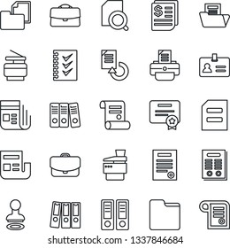 Thin Line Icon Set - identity vector, stamp, office binder, document, reload, printer, contract, receipt, folder, news, case, search, checklist, paper, copier, certificate