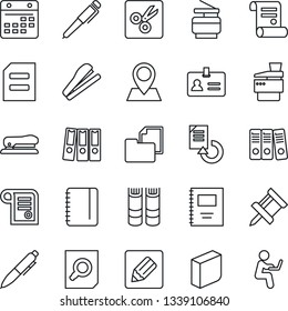 Thin Line Icon Set - identity vector, book, document search, pen, notepad, reload, contract, pin, folder, calendar, notes, cut, copybook, drawing, blank box, paper binder, copier, stapler