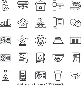 Thin Line Icon Set - identity card vector, drip irrigation, sorting, barcode, chain, root setup, air conditioner, smart home, water heater, intercome, control app, filter, warm floor, surveillance