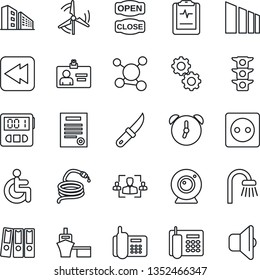 Thin Line Icon Set - identity card vector, hose, garden knife, disabled, pulse clipboard, molecule, traffic light, office phone, sea port, sorting, rewind, alarm, stopwatch, hr, paper binder, socket