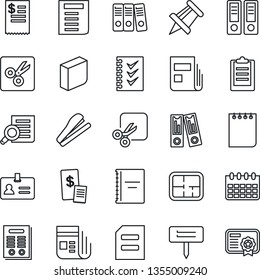 Thin Line Icon Set - identity vector, office binder, document search, notepad, drawing pin, calendar, plant label, news, cut, clipboard, copybook, blank box, checklist, paper, contract, stapler
