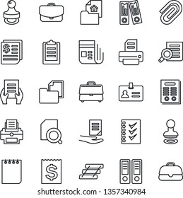 Thin Line Icon Set - identity vector, stamp, office binder, document search, notepad, printer, receipt, folder, news, clipboard, case, paper clip, checklist, tray, contract, estate