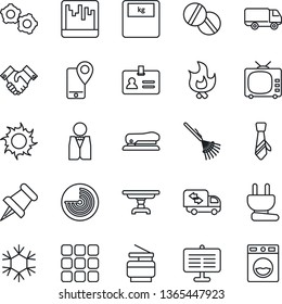 Thin Line Icon Set - identity vector, radar, gear, rake, fire, sun, scales, pills, mobile tracking, car delivery, tv, paper pin, menu, scanner, presentation board, tie, copier, handshake, stapler