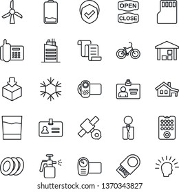 Thin Line Icon Set - identity vector, contract, card, garden sprayer, bike, satellite, office phone, warehouse, package, shield, video camera, low battery, sd, house with garage, city, waiter, drink