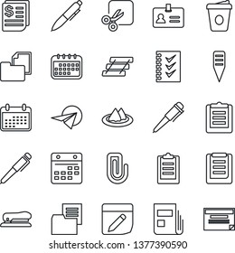 Thin Line Icon Set - identity vector, pen, coffee, plant label, receipt, clipboard, folder document, calendar, notes, cut, paper clip, news, checklist, tray, stapler, serviette, plane, schedule