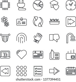 Thin Line Icon Set - identity vector, right arrow, pennant, notebook pc, glove, seedling, heart, radio phone, finger down, fast forward, rewind, menu, update, clock, fingerprint id, calendar, mail