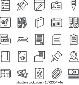 Thin Line Icon Set - identity vector, office binder, notepad, document, reload, plant label, pin, cash, receipt, paper, notes, cut, clipboard, clip, news, folder, blank box, checklist, contract