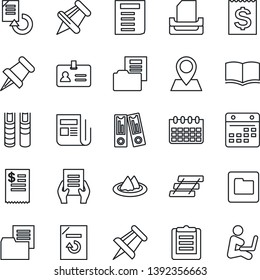 Thin Line Icon Set - identity vector, book, office binder, document, drawing pin, calendar, reload, receipt, clipboard, folder, news, paper, tray, serviette, restaurant, man with notebook