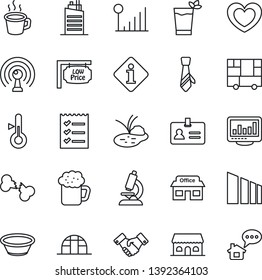 Thin Line Icon Set - identity vector, handshake, greenhouse, pond, heart, microscope, broken bone, store, consolidated cargo, sorting, antenna, cellular signal, coffee, monitor statistics, checklist