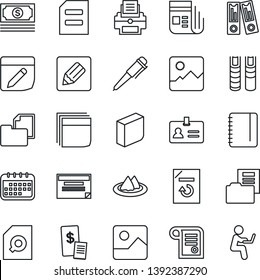 Thin Line Icon Set - identity vector, office binder, pen, notepad, document, reload, cash, folder, news, gallery, notes, search, blank box, printer, book, serviette, restaurant receipt, calendar