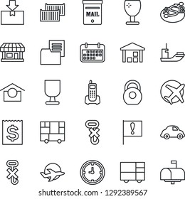 Thin Line Icon Set - important flag vector, store, plane, office phone, sea shipping, cargo container, car delivery, clock, term, receipt, consolidated, folder document, fragile, warehouse storage