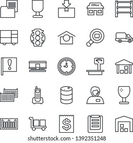 Thin Line Icon Set - important flag vector, store, traffic light, office phone, support, cargo container, car delivery, clock, receipt, consolidated, clipboard, folder document, fragile, package