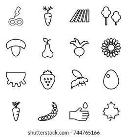 thin line icon set : infinity power, carrot, field, trees, mushroom, pear, beet, flower, udder, strawberry, wasp, egg, peas, hand drop, maple leaf
