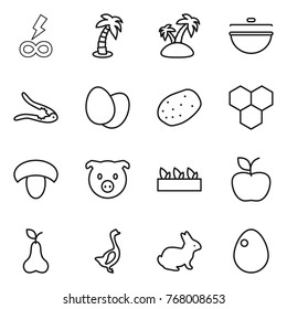 Thin line icon set : infinity power, palm, island, cauldron, walnut crack, eggs, potato, honeycombs, mushroom, pig, seedling, apple, pear, goose, rabbit, egg