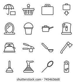 thin line icon set : insurance, basket, suitcase, baggage get, mirror, bucket, saute pan, kettle, garlic clasp, ladle, axe, plunger, duster, please clean