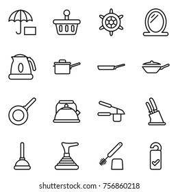 Thin line icon set : insurance, basket, handwheel, mirror, kettle, saute pan, garlic clasp, knife holder, plunger, toilet brush, please clean