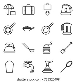 Thin line icon set : insurance, suitcase, baggage get, kettle, pan, ladle, hand mill, shovel, bucket, water tap, plunger, duster