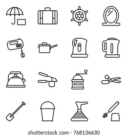 Thin line icon set : insurance, suitcase, handwheel, mirror, mixer, saute pan, kettle, garlic clasp, hand mill, scissors, shovel, bucket, plunger, toilet brush